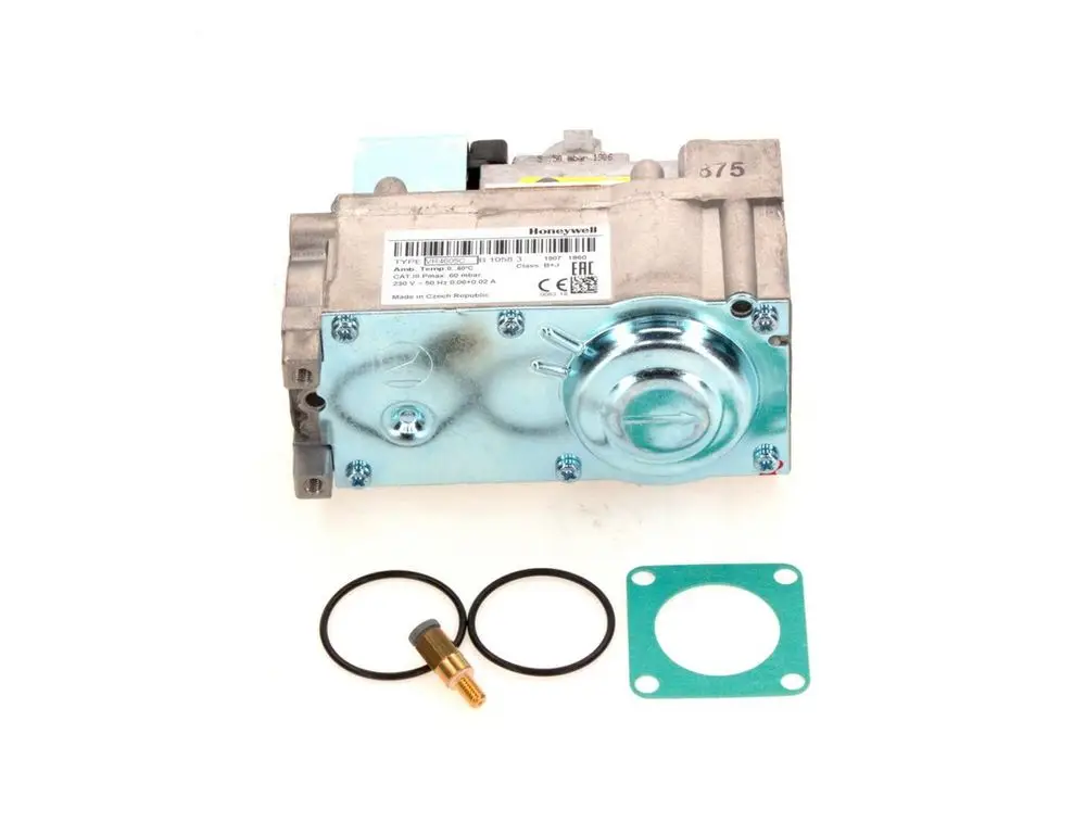 Produkt von Bosch, bestehend aus einer Heizungsarmatur mit Zubehörteilen wie Dichtungen und einem Sensor. Metallisch und funktional gestaltet, auf weißem Hintergrund.